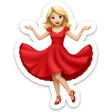 a yellow-blonde woman dancing wearing a red dress, in flat emoji / Apple style, smooth shapes, glossy highlights, bright saturated colors, simple features, minimal details, no outlines, red clothes flowing, joyful pose
 sticker