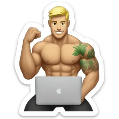 blonde, shorthair bodybuilder with hawaiin tattoos on his arms and macbook in his hand sticker