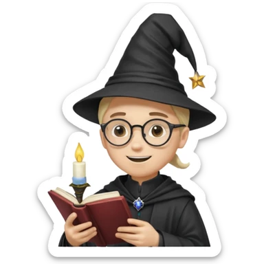 ["A happy boy with light skin, ponytail, wearing a wizard hat and square glasses, dressed in goth fashion, is reading a book while holding a phone."] sticker