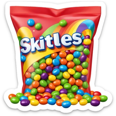 A vibrant rainbow-colored Skittles package with only bright green candies spilling out. The package is very colorful with red, orange, yellow, purple and blue, while all the candies are exclusively green. sticker