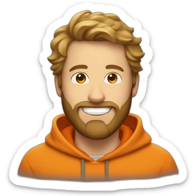 white dude smiling with a brown beard with an orange hoodie sticker