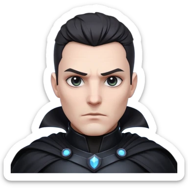 dark sci-fi villain portrait, head and shoulders only, black armor, cape collar, intense eyes, dramatic lighting, 3D cartoon, mobile game icon, clean background, no text
 sticker