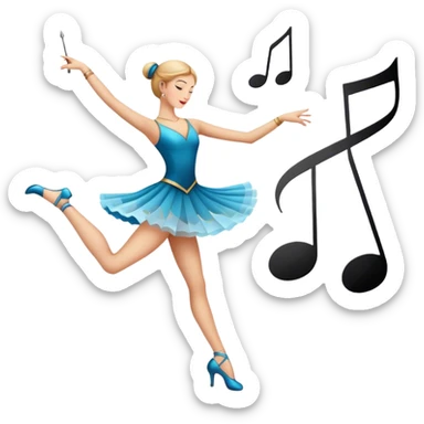 Icon for Choreography: a dancer in a graceful pose with musical notes, a director’s baton, a metronome and a dance floor. The icon should represent the art of choreography, with focus on movement, timing, and creativity. Transparent background. sticker