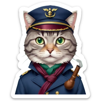 Gray tabby cat dressed as a captain, serious expression, dark blue captain's jacket, burgundy scarf, captain's cap, holding a pipe. Detailed tabby cat pattern, large expressive emerald green eyes. Intent and focused gaze. Accurately rendered fur textures, realistic lighting emphasizing facial features. Dark blue jacket with buttons. Detailed burgundy scarf tied in layers around the cat's neck. The perspective is a slightly raised medium ground focusing on the cat's muzzle and upper body. Serious and dignified mood conveying a sense of power. Realistic depiction of a cat in a naval suit. Photorealistic style. sticker