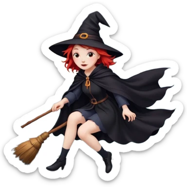 witch with red hair flying , on the background - full moon and black birds, должна сидеть на метле, ноги не касаются краев изображения sticker