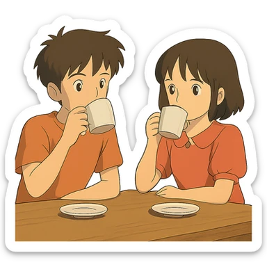 ghibli style boy and girl sitting at a table sipping coffee sticker