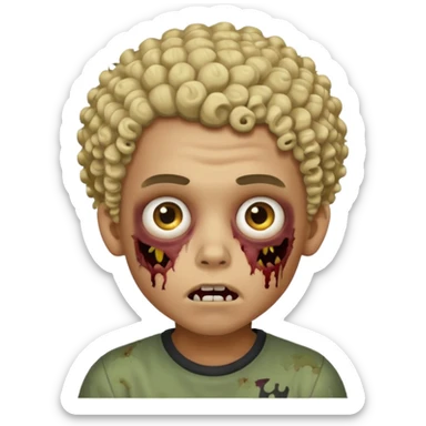 boy zombie with curly mixed lightskin hair, not straight or white boy hair, creepy expression, iPhone emoji style sticker