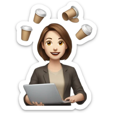 woman juggler with brown hair and pale skin juggling coffee cups and mini laptops sticker