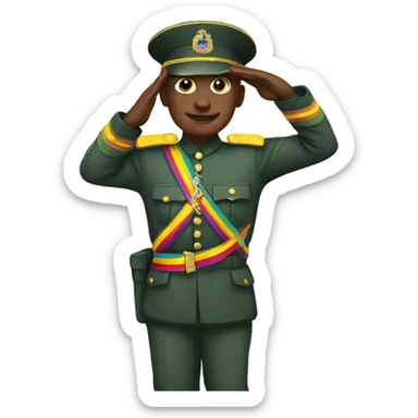 A soldier in a rainbow uniform saluting sticker