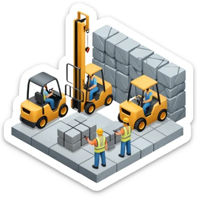 modern factory cutting stone slabs with workers and forklift  isometric view sticker