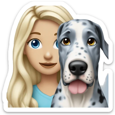 Blonde girl with blue eyes and long hair with a blue merle great dane dog sticker
