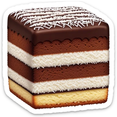 Lamington Cinematic Realistic Lamington Dessert Emoji, depicted as a sponge cake square coated in chocolate and dusted with coconut on all sides, rendered with lifelike textures and vibrant, tropical lighting. sticker