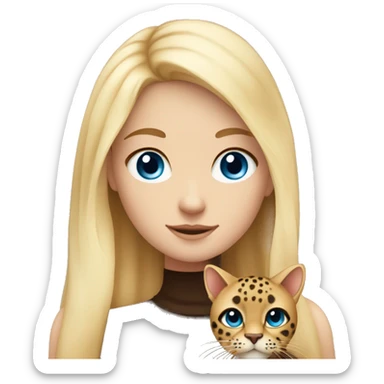 A girl with bright blonde hair blue eyes holding a brown cat with dark brown leopard spots sticker
