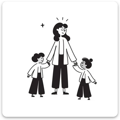 hand-drawn warm illustration of a caring teacher with open arms, a subtle star motif above, and people approaching with trust sticker
