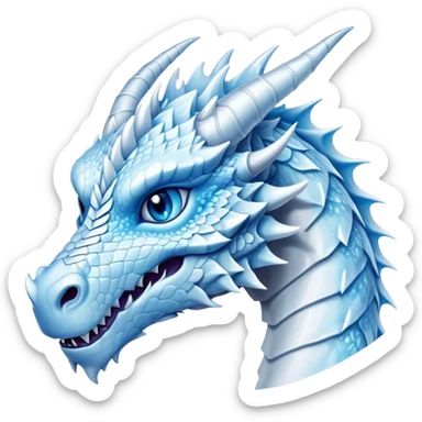 Cinematic Noble Beautiful Ice Dragon Portrait Emoji, Poised and majestic, with an ethereal, crystalline body adorned in intricately detailed scales of frosty blues and silvery whites reminiscent of glacial ice and delicate snowflakes, and piercing, cool eyes reflecting winter’s clarity; rendered with lifelike texture and subtle natural highlights, high shine, elegant and formidable, styled with an aura of chilling mythic beauty, focused and serene, soft glowing outline, capturing the essence of a legendary ice sovereign ready to glide gracefully out of the screen with timeless frosty allure! sticker