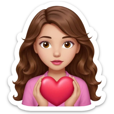 girl with long wavy brown hair, brown eyes, light to medium complexion, in a pink shirt, pink lips, long lashes, squeezing a big heart sticker