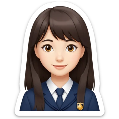 Pretty student with dark brown bangs and long straight hair, elegant school uniform, natural makeup, charming smile sticker