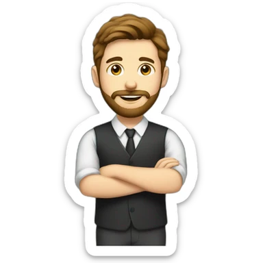 Young white male teacher with brown hair and brown beard in front of a blackboard sticker