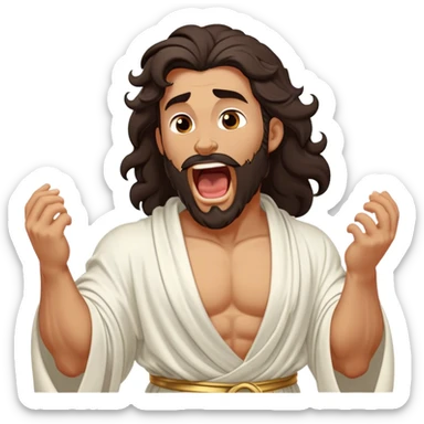 Cinematic Realistic Hercules Portrait, head tilted slightly with a dramatic, wide-open yawn, revealing a moment of relaxed, unguarded strength. His bronze, sculptural skin and thick, wavy dark hair retain their classical beauty even in repose. Draped in a gracefully flowing white robe with subtle golden details, the portrait is bathed in soft natural lighting, capturing a tender glimpse of vulnerability from a timeless Greek hero. sticker