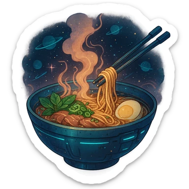 cyberpunk futuristic, space scifi, a bowl of delicious pho, ramen, piping hot sticker