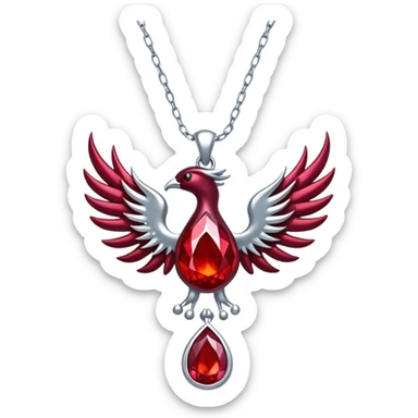 phoenix-inspired ruby pendant with cosmic aura, deep red glow, silver chain undulating like water sticker