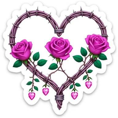 heart shape barb wire vines with magenta roses border with crystals hanging  sticker