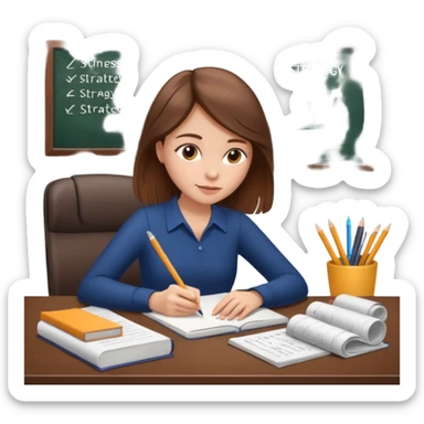 a girl with brown hair on a desk writing on a note book with a lot of papers around and on the papers is writing business strategy  sticker