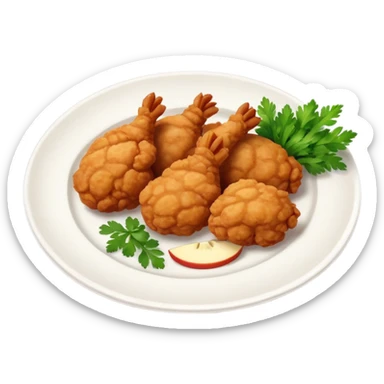 generate an emoji style of chicken karaage with a small parsley on top on a white plate, apple style emoji. sticker