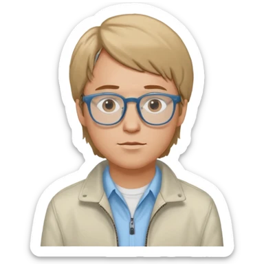 Brian Lackey from Mysterious Skin with brown eyes, dark blonde hair, light blue shirt, ivory jacket, glasses sticker