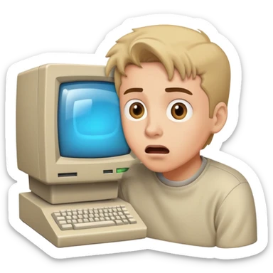 Young man with surprised expression looking at a very old, bulky desktop computer from the 1990s with CRT monitor sticker