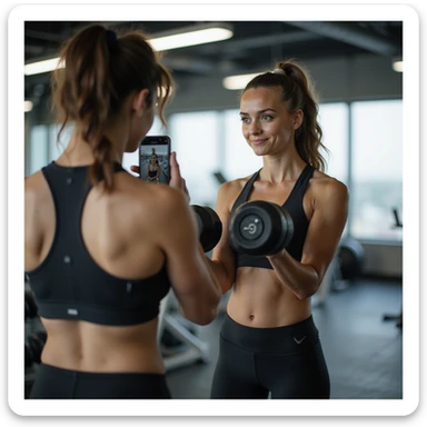young woman in sportswear in gym, doing dumbbell curls, recording video check with smartphone for coach, bright gym with mirrors, hyperrealistic details, 4K sticker