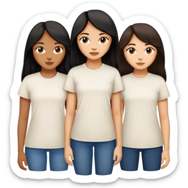 Three sisters, light skin with long dark brown hair, tan skin long black hair, tan skin dark brown short hair, white tee sticker
