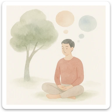 person meditating under a tree with floating thought bubbles in watercolor art style sticker
