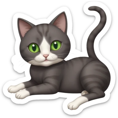 dark grey cat with green eyes, white toes/paws and white patch on her chest playfully rolling upside down sticker