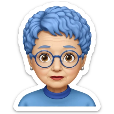 old lady with short, curly blue hair, matching blue eyebrows, light brown skin, round black glasses, and a neutral facial expression. sticker