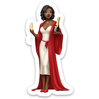 Girl in high heels and red robe posing while holding champagne bottle sticker