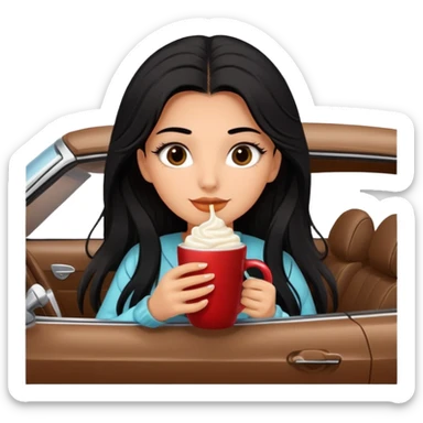 Tanned Girl with lashes , bright black long hair, in an extremely big fluffy brown mustang, and drinking hot chocolate drink sticker