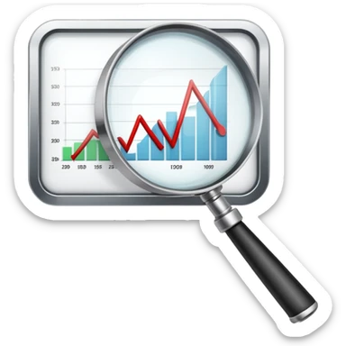 magnifying glass examining a downward trending chart, decreasing graph sticker