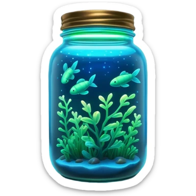3D render of Firefly Jar, bioluminescent deep sea style, glowing neon blue and green lights, dark background to contrast the glow, translucent organic textures. sticker