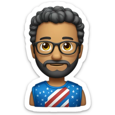 Homem acima do peso, loiro médio, com cabelo crespo curto, barba, olho azul e que usa óculos sticker