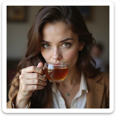 realistic woman giving side eye while sipping hot tea with her pinky up, photorealistic style, expressive face sticker