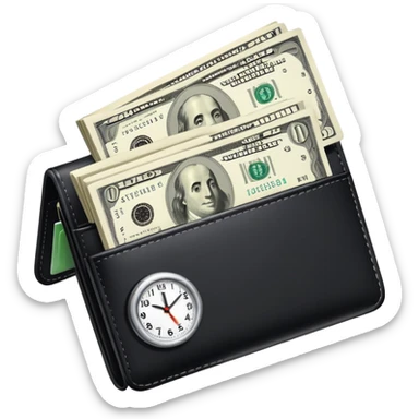 black wallet with dollar bills sticking out and a small clock in top right corner over the wallet sticker