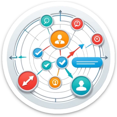 Organizational management system with feedback mechanisms, dashboard with arrows showing information flow, circular process with reports and comments sticker