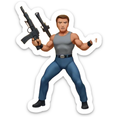 Icon for Action Movies: Arnold Schwarzenegger in the lead role, in an intense action pose with weapons, explosions, and dramatic background. The design should evoke the classic action movie feel with muscle-bound heroes and high-energy sequences. Transparent background. sticker