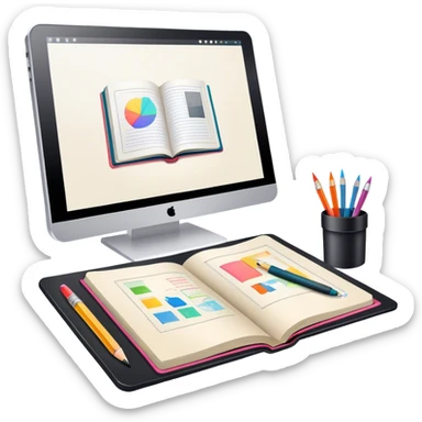 Colourfull Illustration icon, pencil, paintbrush, gel pen, graphic tablet or monitor with digital illustration, open book with sketches, minimalistic style, clean lines, transparent background. sticker