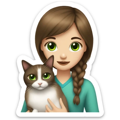 Girl with green eyes, long brown hair with bangs hugs Siamese cat with blue eyes   sticker