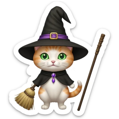 A cat with a broom and a witch hat and a wand sticker