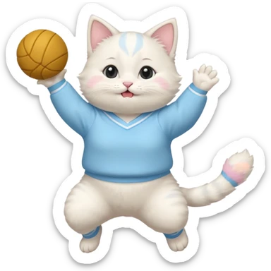 A chubby white kitten in pastel uniform jumping in cheer pose. sticker