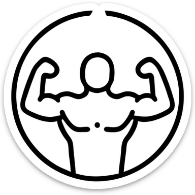 circular icon with transparent background showing muscular masculine figure in heroic action pose with fists clenched and arms flexed, vivid fiery energy burst radiating from behind, symbolizing transformation empowerment, cartoonish realistic style, ideal for video game power-up icon sticker