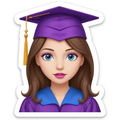 girl with gorgeous lightly curled long brown hair, blue eyes, long lashes makeup, sexy pink lips, wearing a purple graduation cap and gown sticker